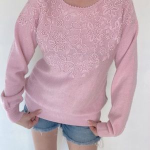 Pink Embroidered Sweater with pearl button closure